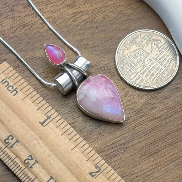 Blue Flash Pink Moonstone Pendant Boho Vintage New 925 - Picture 7 of 9